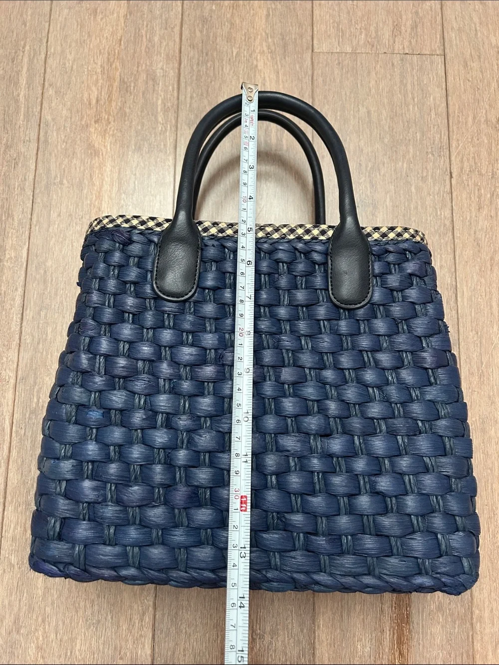 Talbots Navy Woven Tote with Black Faux Leather Handles and gingham lining